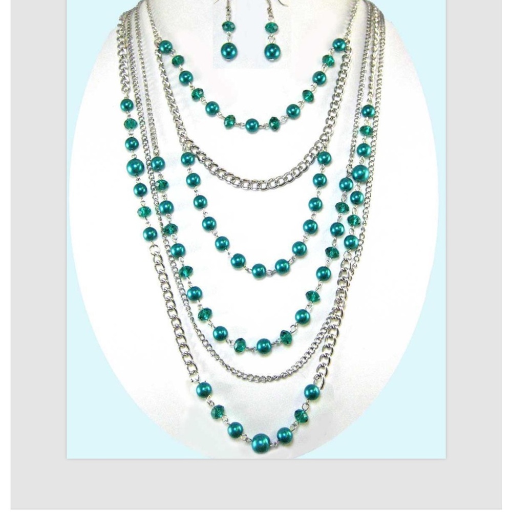 Long Turquoise Pearl Necklace Earrings Crystal Silver Multi Chain Layered Set